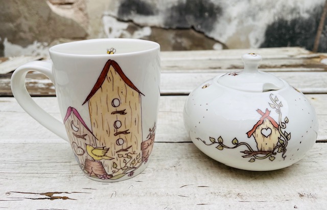 Azucarera y taza Casa de pájaros